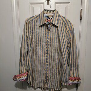 Robert Graham L Mens Embroidered Shirt Button Up Yellow Striped and Checks VGUC